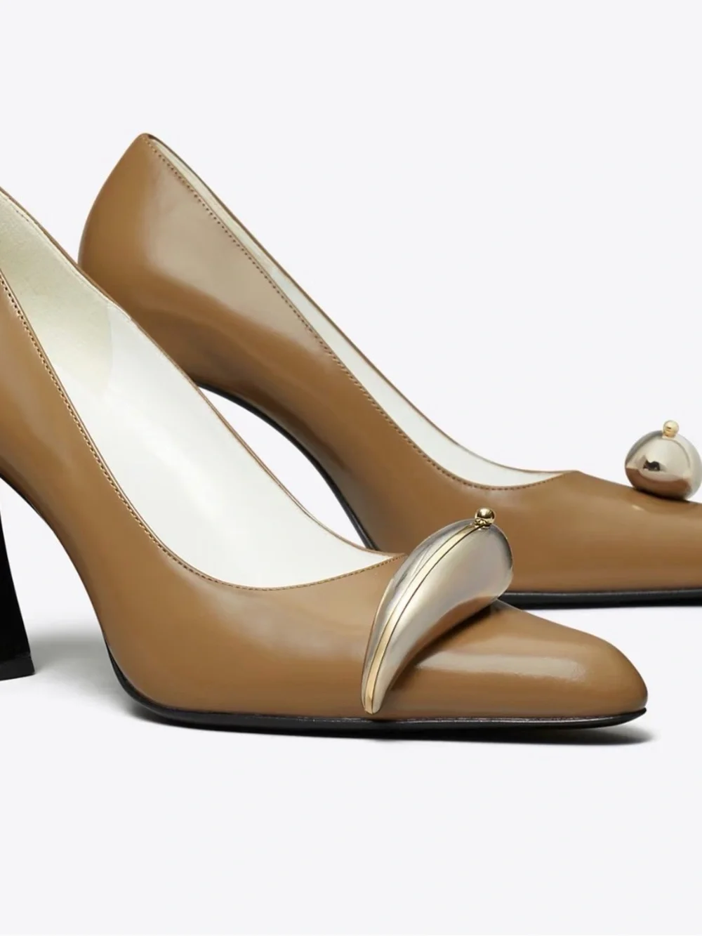 Tory Burch Pierced Pump Tan Leather Block Heel Pumps with Metallic Accent.